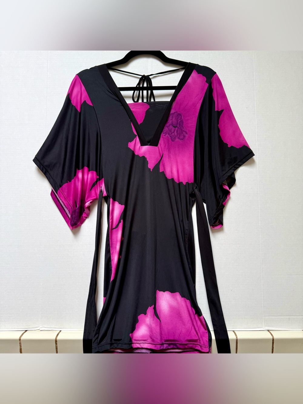KIMONO TUNIC TOP VTG CHOCOLATE BRAND BLACK TIE BLOUSE FUCHSIA FLOWERS Y2K SZ M